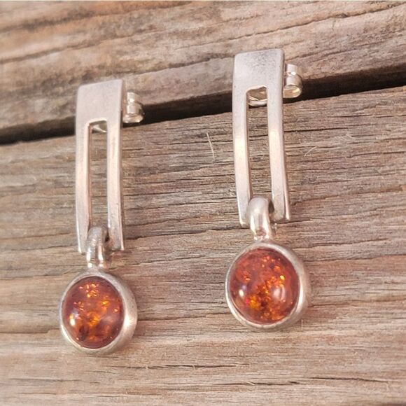 Sterling Amber Cabochon Modern Drop Post Earrings - Picture 1 of 4